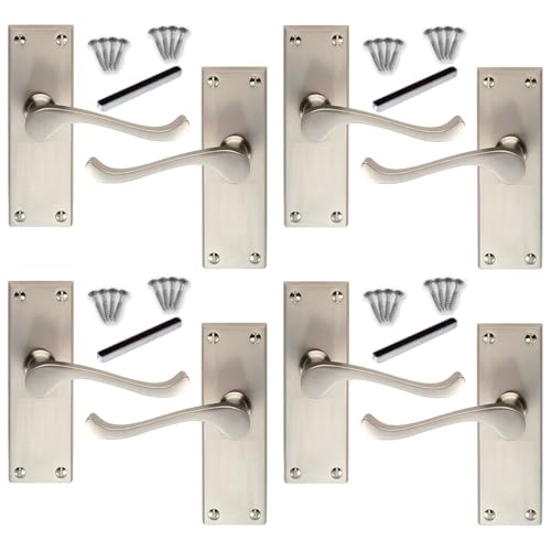 DISCOUNT HARDWARE UK Victorian Scroll Door Handle Set, Satin Nickel Finish, 4 Pairs, Back Plate 11.8cm x 4.2cm Interior Wooden Doors