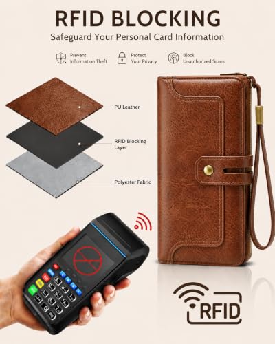Image of Womens Wallet Rfid Blocking Bifold Leather Wristlet Cute Long Clutch Brown | Large Capacity Card Holder Wallet Purse with Zipper,ID Window,Strap for Female Ladies Teen Girls