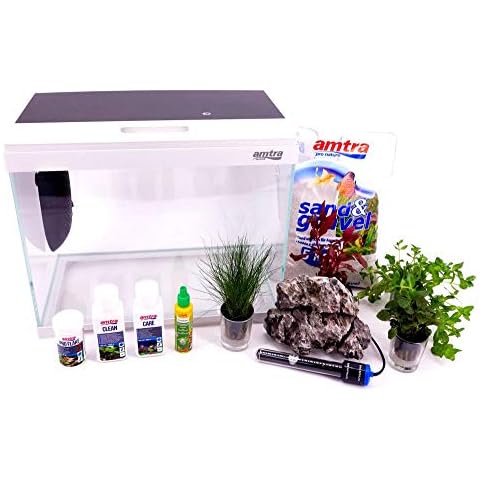Amtra Technik Nano Aquarium Modern Tank 40 Komplettaquarium LED Beleuchtung Innenfilter inkl. Dekoration Pflanzen Stein Kies Heizung Cover