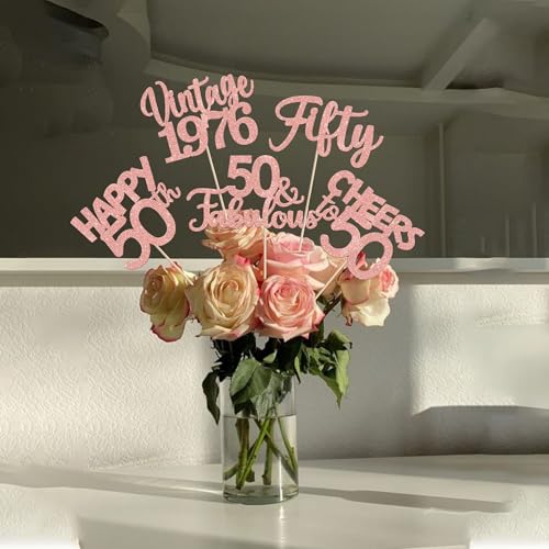 Image of 15 PCS 50th Birthday Centerpiece Sticks Fifty Happy 50 Vintage 1976 Table Flower Centerpieces Sticks Cheers to 50 Fabulous Floral Decorations 50th Birthday Party Centerpieces Supplies Rose Gold