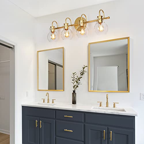 Image of KSANA Bathroom Vanity Light, 4-Light 28.5 inch Large Gold Bathroom Light Fixtures, Modern Vanity Lights for Bathroom with Globe Clear Glass Shades