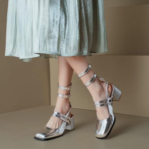 KISSASA Punk Goth Mary Jane Shoes Patent Leather Square Toe Chunky Heel Buckle Strappy Pumps Silver Size 92