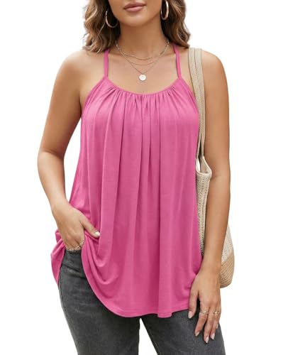 7th Element Plus Size Tank Tops for Women, Flowy Spaghetti Strap Camisole, Loose Fit Pleated Sleeveless Top, Summer Outfits, Neon Pink, 3X