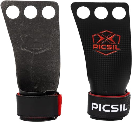 PICSIL RX Hand Grips – Profi 3‑Loch‑Griffpolster aus Carbonfaser in Profi‑Qualität, Chalk‑kompatibel, Handschutz für Calisthenics, Krafttraining & Gymnastik (Rot, M)