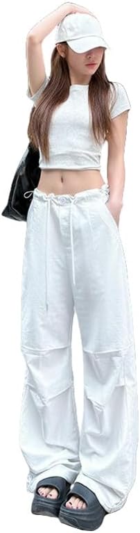 JYHBHMZG Women's American Style Summer High Waist Slimming Drawstring Cuffed Hem Casual Wide Leg Sports Cargo Pants