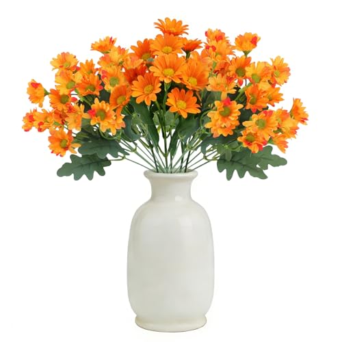 Daisy Artificial Flowers 4 Bundles Fake Plants Bouquet Faux Flowers Fake Plastic Floral Table Centerpieces Look Real UV Resistant Silk Floral for Thanksgiving Xmas Home Wedding Decor Indoor (Orange)