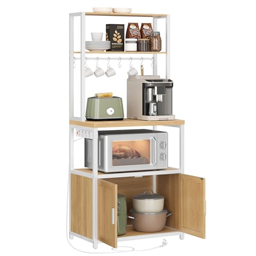 VASAGLE Estantería de Cocina con Enchufes, Altura de 90 cm, Estantería para Microondas con 8 Ganchos, 40 x 60 x 170 cm, Roble Dorado y Blanco Nube KKS058Y02