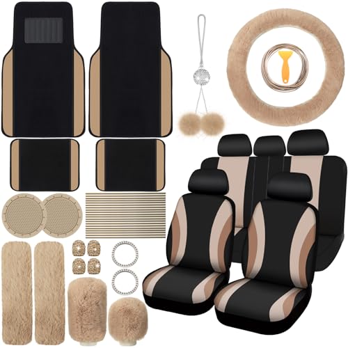 ROCEEI 47 Pcs Car Seat Cover Full Set Car Accessories for Front Rear Seat Fluffy Steering Wheel Cover Belt Automotive Floor Mats Air Conditioner Decoration Strip(Beige)