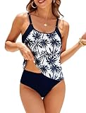 Picture of ZAFUL Two Piece Tankini Swimsuit for Women High Waisted Tummy Control Bathing Suit Double Up Tankini Set Blue Coconut Tree S