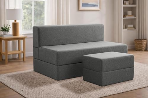 Image of Rosebell Foldable Sofa-Cum-Bed with Ottoman | 3-in-1 Convertible Sofa, Lounger & Bed-4X6 Feet 2 Seater- Perfect for Home & Office -Grey-Color