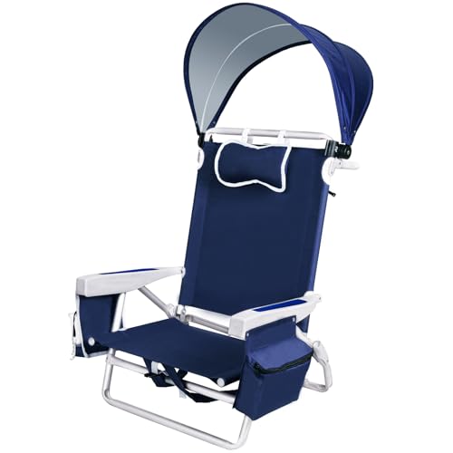 Kamglide Beach Chair with Umbrella and Canopy Shade Aluminum Backpack Beach Chairs for Adults Adjustable Sun Shade 5 Position Lay Flat Cooler Bag Cup Holder Towel Bar Navy Blue