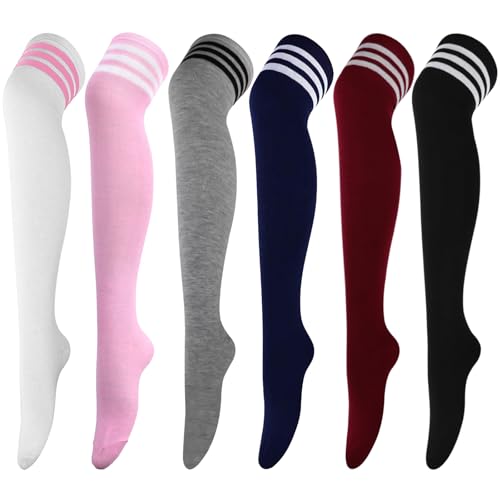 Image of DRESHOW 6 Pairs High Thigh Socks Striped Over Knee Thin Tights Long Stocking for Women Leg Warmer