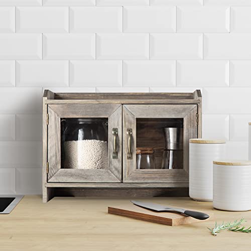 Exoliry Rustic Stone Gray Wood Counter Top Storage Cabinet Organizer Shelf Glass Window Doors Wooden Caddy Kitchen Bathroom Tabletop Vanity Chest Antique Farmhouse Style Mini Closet Box Rack Home #TOP2