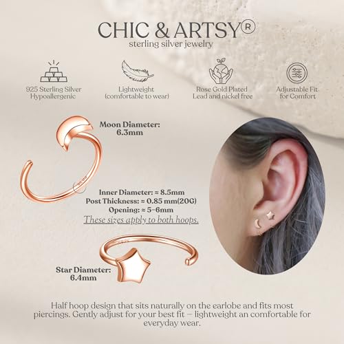 Image of CHIC & ARTSY 925 Sterling Silver Half Hoop Earrings for Women, Small Huggie Hoops Set with Ball Bar Star Moon Cross & Pearl, Lightweight Comfort Fit Everyday & Sleep Earrings