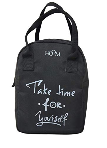 Image of HOOM Insulated Lunch Bag for Office Men, Women and Kids, Leak Proof Water Resistant Polyester Made Lunch Tiffin Bag with Quotes (Black Take Time for Yourself)