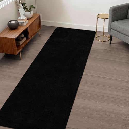 Image of Large Modern Runner Rugs for Living Room Bedroom, 2x6 Feet Black Ultra Soft Thickened Memory-Foam Indoor Rug, Comfy Aesthetic Solid Minimalist Carpets for Girls Boys Nursery Dorm Home Decor