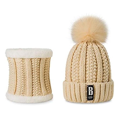 PBUK Winter Beanie Hat and Circle Scarf Set for Women Warm Knitted Hat with Faux Fur Bobble Pom Pom and Fleece Lining, Outdoor Sports Hats Cream Cover