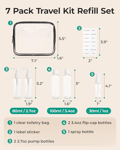 Image of BAGSMART 7 Pack Clear Toiletry Bag with Refillable Travel Bottles Set, TSA Approved Travel Toiletry Bag Water Repellent Carry on Travel Accessories Bag Airport Airline Quart Size Bags, Black