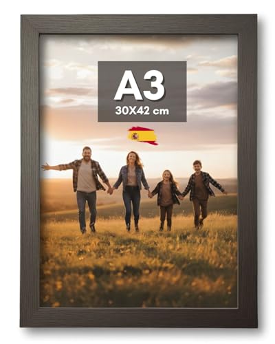 NOOGUI - Marco A3 - Madera Negro - 30x42 cm - Frontal Antirreflejo - Ideal para Cuadros, Diplomas, Certificados, Posters o Puzzles - Posición en Vertical u Horizontal - Fácil de limpiar