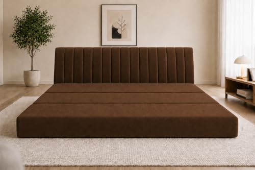 Image of Three Seater Sofa Bed, Velvet Fabric Foldable Sofa Cum Bed with Soft Foam Cushioning, Convertible Floor Couch for Living Room, Guest Room & Home Use (Brown, Pre-Assembled)