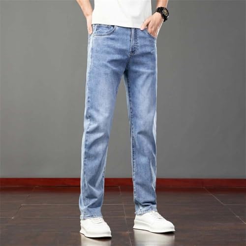 Hndudnff Men's Summer Thin Washed Jeans Slim Fit Elastic Straight Casual Business Denim Pants4