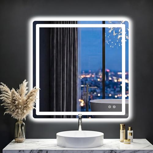 Image of LED Bathroom Mirror with Lights, 30 inchx30 inch Lighted Vanity Mirror for Wall | Anti-Fog, Dimmable 3 Color Light, Backlit+Frontlit, Shatterproof Tempered Glass, Memory Function