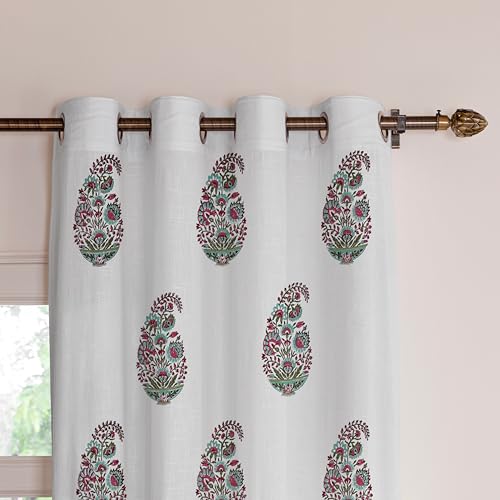 Image of LINENWALAS Printed Decorative Cotton Sheer Curtains 5 Feet Long Set of 2 Panel, Grommet Hanging, Paisley Bloom Curtains for Children Room, Living Room, Home Decor (L-8 x W-4.5 Feet)