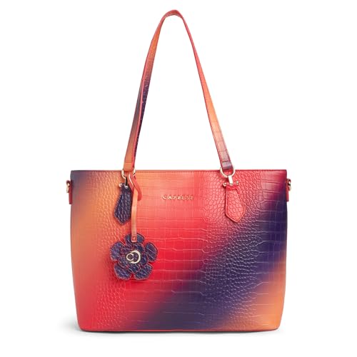 Image of Caprese Marilyn Large Tote Bag for Women | Multi-Color Ombre Croc Pattern Handbag with Flower Charm & 2 Specius Compartment | Adjustable & Detachable Strap Shoulder Bag for Travel & Office Use (Red)