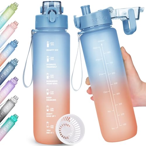 Gobravio Botella de agua de 1 litro, botella de agua deportiva sin BPA, con marcas de tiempo, botella deportiva a prueba de fugas para correr, ciclismo, gimnasio, escuela y oficina
