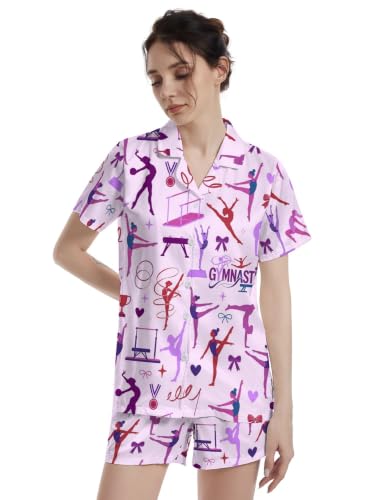 Image of Funny Pajamas for Women Set Print Satin Loungewear Pjs Short Sleeve Button Down Top and Shorts Sets Sleepwear XS-3XL