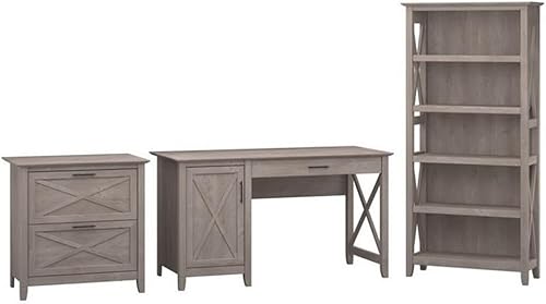 Bush Furniture Key West - Escritorio para computadora de 54 W con almacenamiento, archivador lateral de 2 cajones y estantería de 5 estantes, color