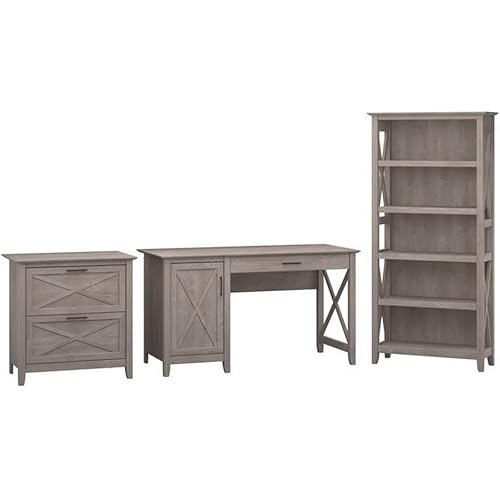 Bush Furniture Key West 54W Computer Desk with 2 Drawer Lateral File Cabinet and 5 Shelf Bookcase in Washed Gray