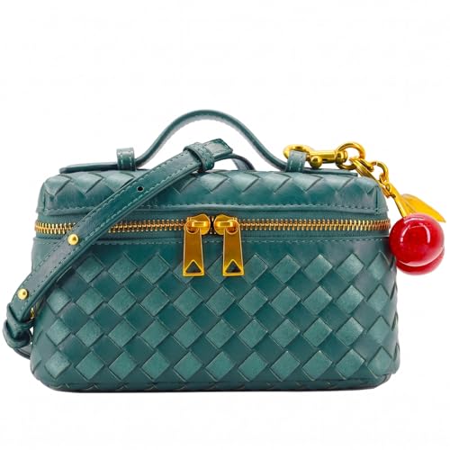Image of Small Woven Box Crossbody Bags for Women Designer Leather Mini Top Handle Clutch Purse Square Vanity Bag with Cherry Charm