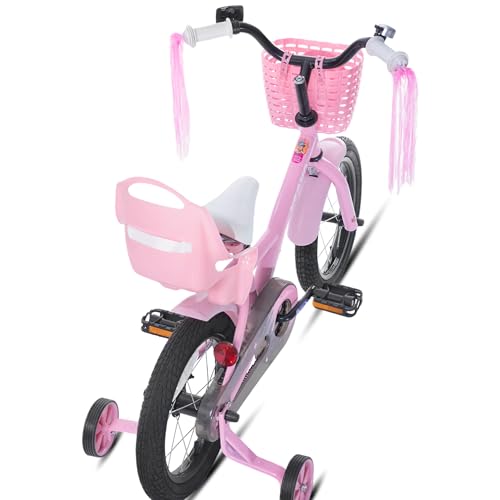 Image of KEANO Zinnia 14 16 20 Inch Kids Bike for Girls Ages 3-10 Years, Girls' Bikes with Training Wheels, Streamers, Basket and Doll Seat, Children Bicycles