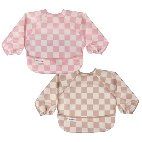 Image of Tiny Twinkle Long Sleeve Bib for Babies & Toddlers | 2-Pack Waterproof Smock Bib for Eating | Machine Washable & Mess-Proof Feeding Essentials | Newborn Shower Gift (Pink,Beige Checkers, 6-24M)