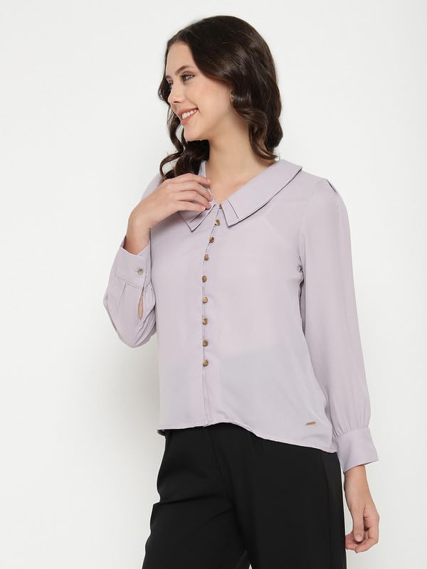 Image of BEATNIK Womens Solid Color Fashion Full Sleeve Peter Pan Collar Woven Spring Summer Casual Loose T Shirts Tops