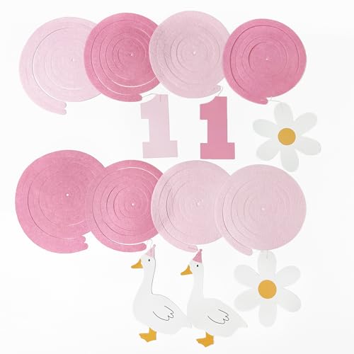 Image of 24Pcs Pink One Silly Goose Hanging Swirl Decorations Daisy Felt Swirl Streamer Spiral Ceiling Garland for Silly Goose Themed First Birthday Happy 1st Birthday Party Supplies