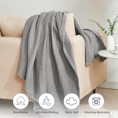 PHF 100% Cotton Muslin Blanket Twin XL Size 66"x90", 4-Layer Lightweight Gauze Throw, Breathable Cloud-Soft Minimalist Blanket for Bed, Couch, Camping & Baby, Grey, Ideal Gift