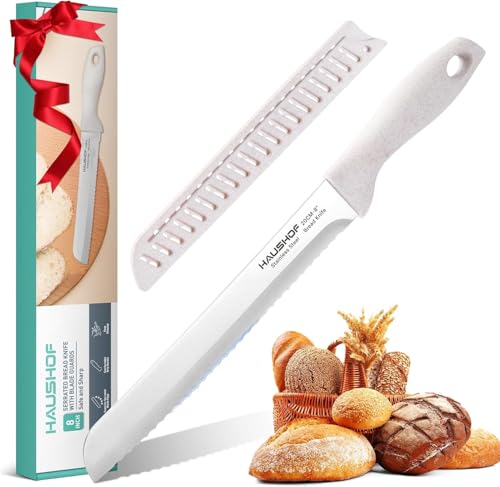 HAUSHOF Bread Knife with Sheath, 8-Inch Serrated Bread Knife for Homemade Bread, Premium Stainless Steel Bread Cutter with Gift Box for Mom Dad
