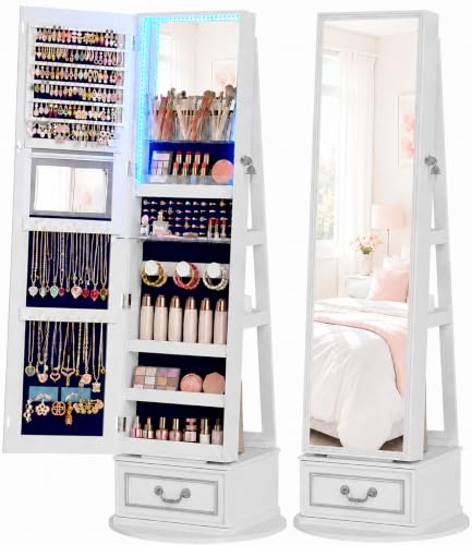 Vlsrka Mirror Jewelry Cabinet Standing, 360&deg; Swivel Jewelry Armoire with Full Length Mirror...