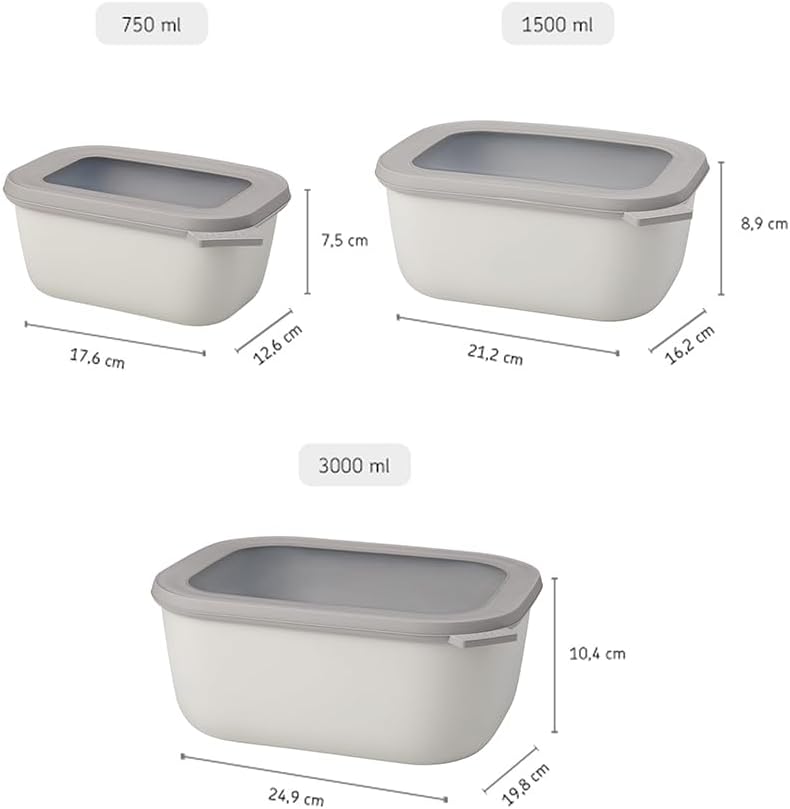 Mepal – Multi Bowl Cirqula 3-Piece Set – Food Storage Container with Lid - Suitable as Airtight Storage Box for Fridge & Freezer, Microwave Container & Servable Dish - 750, 1500, 3000ml - Nordic White