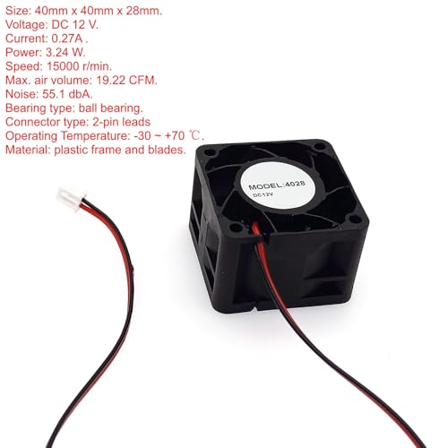 JZK 40x40x28 mm DC 12V Mini-Kühlventilator 40mm mit 2-poligem Stecker, 15000 U/min, 0.27A, 4028 Kugellager kleiner bürstenloser DC-Lüfter 4cm für Kühlung oder Belüftung, 3D-Drucker-Lüfter