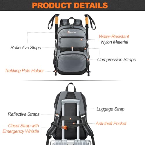 Seektop Lightweight Travel Backpack for Men Women, Multiple Pockets 40L Hiking Backpack Foldable Carry on Backpack for Outdoor Camping Sport Leisure (Gray) - image 5