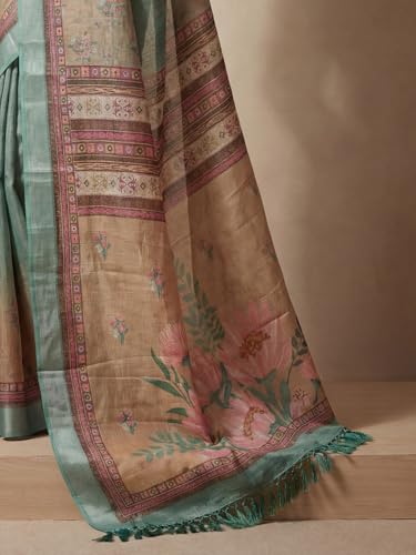 Image of AKHILAM Women's Floral Printed Handloom Cotton Silk Saree with Zari Border and Tassel Pallu Unstitched Blouse Piece | Traditional Ethnic Wear Sarees | Women saree silk | Festive Sari Women's