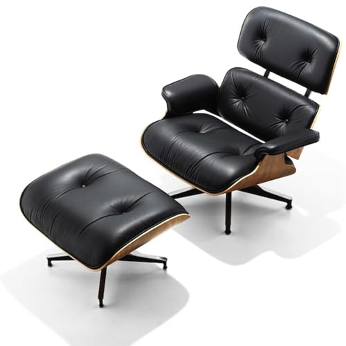 Image of Top Black Grain Leather, Mid Century Chaise Lounge Chair and Ottoman, Modern Chair Classic Design, Walnut Wood, Heavy Duty Base Support for Living Room Office (Light Walnut)