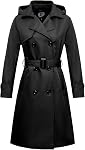 Women's Waterproof Long Trench Coat Double Breasted Windbreaker Classic Lapel Belted Coat With Detachable Hood