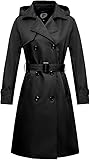 poonyfesh Women's Waterproof Long Trench Coat Double Breasted Windbreaker Classic Lapel Belted Coat With Detachable Hood Black Medium