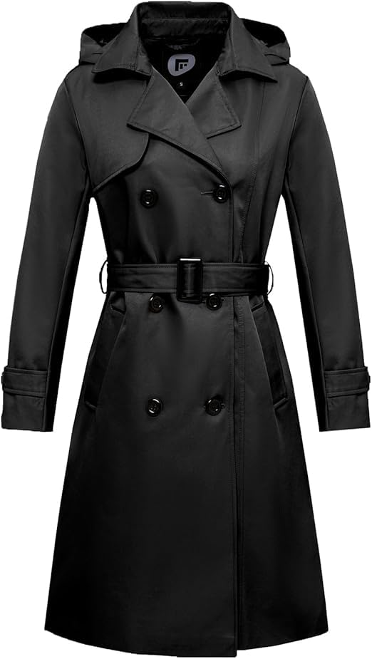poonyfesh Women's Waterproof Long Trench Coat Double Breasted Windbreaker Classic Lapel Belted Coat With Detachable Hood Black Medium