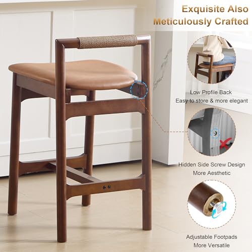 Image of Zesthouse Wood Bar Stools Counter Height Set of 2, 26 inch Mid Century Modern Kitchen Island Chairs with Woven Paper Cord Accent Backs & Solid Wooden Legs, Boho Counter Stools, Brown Leather+Walnut Finish