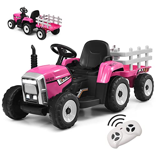 GOPLUS Tracteur Electrique Enfants avec Remorque 12V, Phare à LED et Musique, Voiture Electrique Enfants avec Télécommande Parental pour Enfants 3 Ans+, Charge Max...